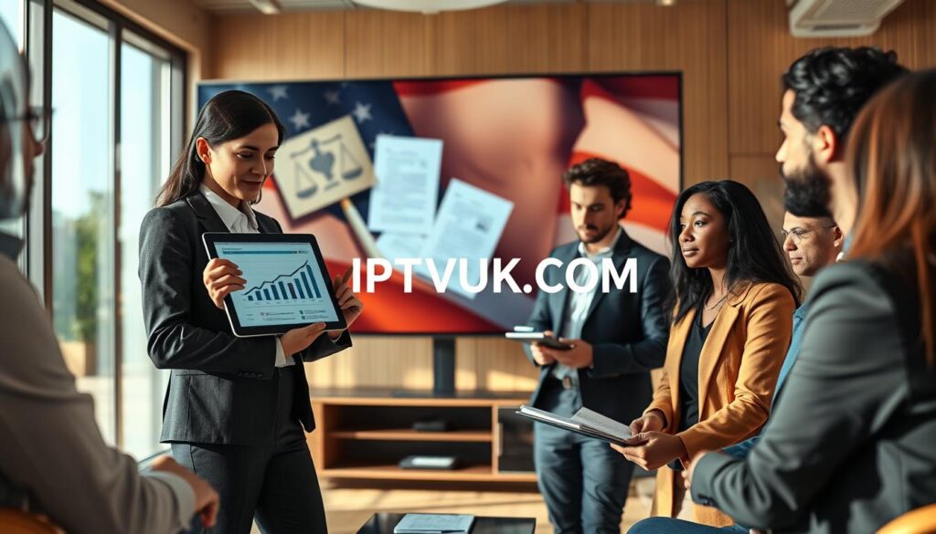A professional setting depicting a group of diverse individuals engaged in a discussion about IPTV legal considerations. In the foreground, a confident woman in a business suit points to a digital tablet displaying a chart related to IPTV regulations. To her left, a thoughtful man in casual attire takes notes on a notepad. In the middle ground, a large screen shows visuals of legal documents and international law symbols, symbolizing the global nature of IPTV legality. The background features a modern office environment with large windows allowing natural light to create a warm, inviting atmosphere. Soft shadows enhance depth, and the image is taken from a slightly elevated angle, providing an overview of the collaboration. The brand name "IPTVVUK.COM" is subtly integrated into the digital visuals on the screen. A professional setting depicting a group of diverse individuals engaged in a discussion about IPTV legal considerations. In the foreground, a confident woman in a business suit points to a digital tablet displaying a chart related to IPTV regulations. To her left, a thoughtful man in casual attire takes notes on a notepad. In the middle ground, a large screen shows visuals of legal documents and international law symbols, symbolizing the global nature of IPTV legality. The background features a modern office environment with large windows allowing natural light to create a warm, inviting atmosphere. Soft shadows enhance depth, and the image is taken from a slightly elevated angle, providing an overview of the collaboration. The brand name "IPTVVUK.COM" is subtly integrated into the digital visuals on the screen.