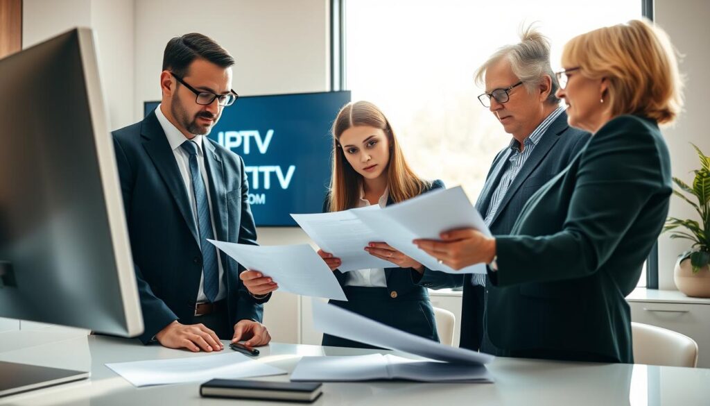 A professional, sleek office environment serves as the backdrop, showcasing a modern workspace with a large desk and a high-end computer displaying the IPTVVUK.COM logo on the screen. In the foreground, a diverse group of three individuals—a middle-aged man in a tailored suit, a young woman in smart casual attire, and an older woman in business attire—are engaged in a serious discussion, reviewing legal documents and contracts related to IPTV subscriptions. Soft, natural light streams in through a large window, casting a warm, inviting glow over the scene. The lens captures a slightly overhead angle, emphasizing the importance of the conversation while maintaining professionalism and clarity. The atmosphere is focused and serious, reflecting the critical nature of legal considerations in IPTV services.