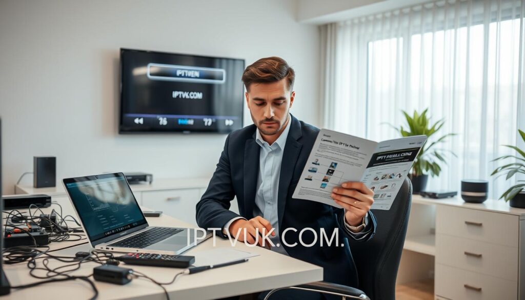 A professional technician in a modern home office troubleshooting IPTV issues, seated at a sleek desk cluttered with various electronic devices such as a remote control, cables, and a laptop displaying a network diagram. In the foreground, focus on the technician wearing a neat business outfit, exuding concentration while consulting a troubleshooting guide. The middle ground shows a wall-mounted flat-screen TV displaying a buffering icon, highlighting common IPTV problems. The background features a window allowing soft natural light to illuminate the room, creating a calm and focused atmosphere. The overall mood is one of professionalism and problem-solving. Include the brand name "IPTVVUK.COM" subtly integrated into the electronic devices or troubleshooting guide, ensuring no text overlays or captions are present.