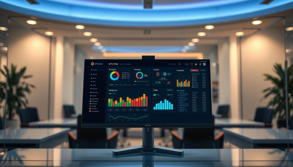 A sleek and modern IPTV reseller control panel interface displayed on a high-resolution computer monitor. In the foreground, a vibrant, user-friendly dashboard with colorful graphs and data visualizations. In the middle ground, various features such as subscription management, account analytics, and channel lists are visible, all set against a dark theme to enhance readability. The background includes a stylish office environment with soft, ambient lighting reflecting a professional atmosphere. The scene captures a sense of advanced technology and efficiency. A subtle logo for "IPTVVUK.COM" is incorporated into the control panel design. The image should be bright and inviting, conveying the innovation behind Canadian IPTV reseller panels without any textual distractions.