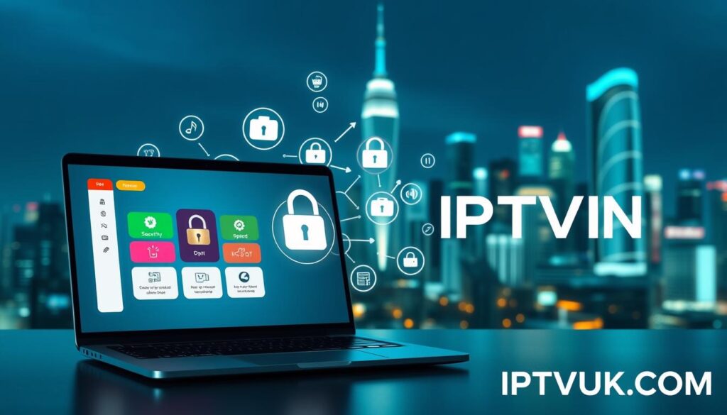 A sleek and modern digital environment showcasing the features of an IPTV VPN. In the foreground, a laptop displaying a user-friendly VPN interface with colorful icons representing security, speed, and device compatibility. The middle ground features abstract representations of data encryption and streaming, with symbols like locks and streaming media icons. In the background, a high-tech city skyline with vibrant neon lights conveys a sense of advanced technology and connectivity. Soft blue and green lighting enhances the atmosphere of security and innovation. The scene embodies a professional yet inviting mood, appealing to tech-savvy users. Include the brand name "IPTVVUK.COM" subtly integrated into the design.