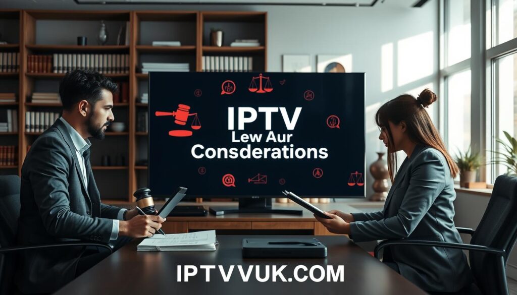 A sleek and modern office setting showcasing legal considerations in the realm of IPTV. In the foreground, a diverse group of three professionals—two men and one woman—dressed in business attire discuss while reviewing documents on a laptop. The middle ground features a large screen displaying the text "IPTV Legal Considerations" surrounded by visual symbols of law, such as a gavel and scales, creating an ambiance of seriousness and professionalism. The background includes shelves filled with law books and modern decor, with soft, natural lighting streaming through a window, casting gentle shadows. The overall mood is one of thoughtful analysis and foresight. At the bottom of the image, subtly include the brand name "IPTVVUK.COM".