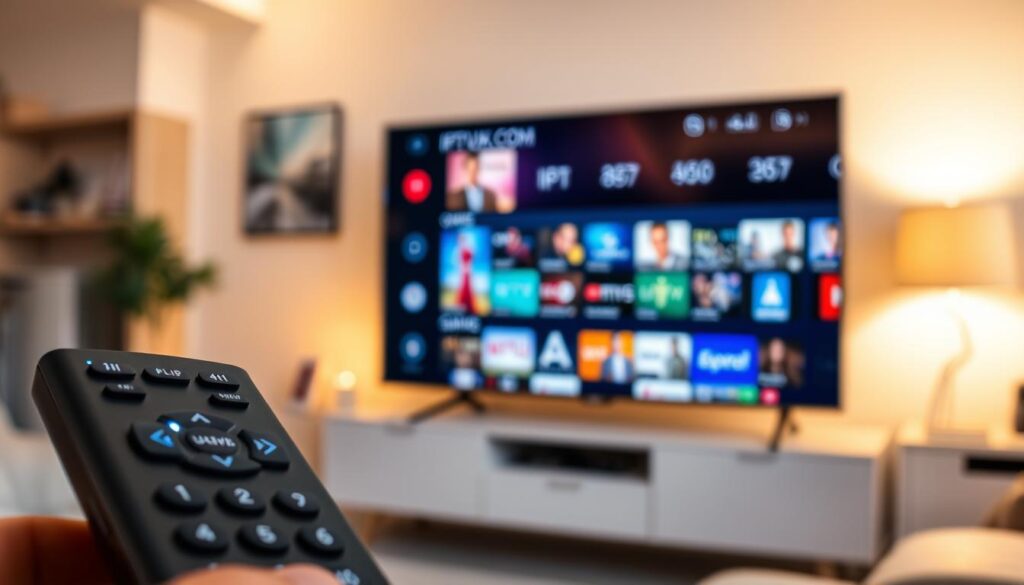 A sleek, modern IPTV player interface displayed on an Android TV Box screen, showcasing vibrant streaming content. In the foreground, highlight the Android TV remote control with illuminated buttons, suggesting ease of use. In the middle, feature a high-definition TV screen displaying a user-friendly IPTV application interface, showing various streaming categories like movies, sports, and live channels. In the background, a cozy living room setting with soft, warm lighting enhances the inviting atmosphere. Utilize a slight depth of field to keep the focus sharply on the IPTV player while softly blurring the surrounding environment. Aim for a contemporary feel that conveys technology and entertainment seamlessly. Include branding subtly with "IPTVVUK.COM" shown on the TV screen. A sleek, modern IPTV player interface displayed on an Android TV Box screen, showcasing vibrant streaming content. In the foreground, highlight the Android TV remote control with illuminated buttons, suggesting ease of use. In the middle, feature a high-definition TV screen displaying a user-friendly IPTV application interface, showing various streaming categories like movies, sports, and live channels. In the background, a cozy living room setting with soft, warm lighting enhances the inviting atmosphere. Utilize a slight depth of field to keep the focus sharply on the IPTV player while softly blurring the surrounding environment. Aim for a contemporary feel that conveys technology and entertainment seamlessly. Include branding subtly with "IPTVVUK.COM" shown on the TV screen.