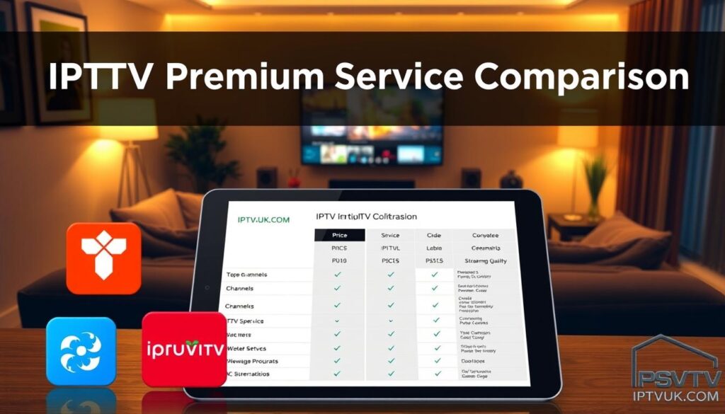 A sleek, modern comparison infographic for "IPTV Premium Service Comparison." In the foreground, visually balanced icons of various IPTV services, including a logo for IPTVVUK.COM, each represented with vibrant colors. In the middle ground, a digital tablet displaying a detailed chart contrasting features like price, channels, and streaming quality, with arrows showing comparisons between services. In the background, a softly lit living room setting with a large TV and cozy furniture, creating an inviting atmosphere for streaming enthusiasts. Warm lighting enhances the inviting mood, reminiscent of a comfortable viewing experience. The angle is slightly above eye level, providing clarity and depth to the infographic layout. No text or watermarks present. A sleek, modern comparison infographic for "IPTV Premium Service Comparison." In the foreground, visually balanced icons of various IPTV services, including a logo for IPTVVUK.COM, each represented with vibrant colors. In the middle ground, a digital tablet displaying a detailed chart contrasting features like price, channels, and streaming quality, with arrows showing comparisons between services. In the background, a softly lit living room setting with a large TV and cozy furniture, creating an inviting atmosphere for streaming enthusiasts. Warm lighting enhances the inviting mood, reminiscent of a comfortable viewing experience. The angle is slightly above eye level, providing clarity and depth to the infographic layout. No text or watermarks present.