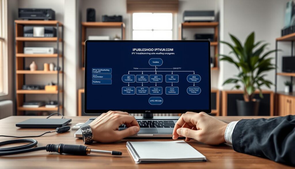 A sleek, modern desk setup for troubleshooting IPTV issues, featuring a laptop displaying the IPTVVUK.COM website on the screen, showcasing a user-friendly interface. In the foreground, a pair of hands, dressed in professional business attire, are engaged with the laptop, surrounded by technical tools like a screwdriver, a network cable, and a notepad with notes. The middle ground includes a large monitor showing an IPTV troubleshooting guide flowchart with symbols indicating common issues like buffering and connectivity problems. The background features a softly lit room with shelves holding various tech gadgets, creating a comforting atmosphere. Natural light streams in from a window, highlighting the scene with a warm glow, while a blurred view of an indoor plant maintains focus on the troubleshooting theme.