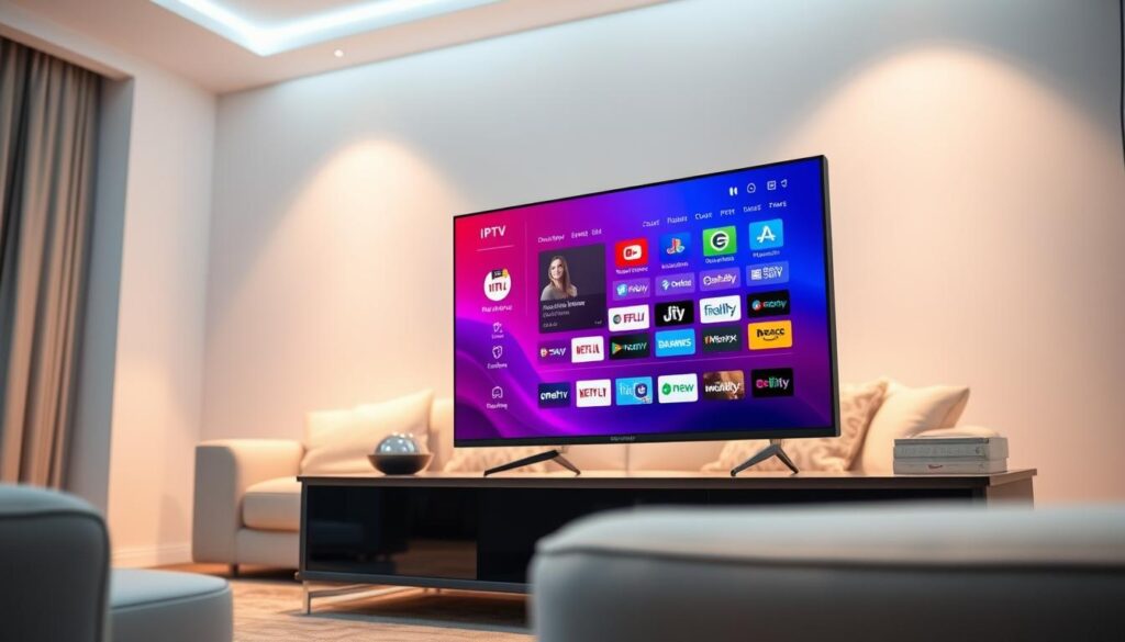 A sleek, modern living room setting serves as the background, illuminated by soft, diffused lighting that creates a warm and inviting atmosphere. In the foreground, a high-tech IPTV player sits prominently on a stylish media console, showcasing its intuitive interface on a vivid, high-resolution screen. Various popular IPTV player icons are subtly displayed on the screen, representing user-friendly apps available for seamless streaming. A comfortable sofa with plush cushions is located slightly behind the IPTV player, enhancing the cozy vibe of home entertainment. Vibrant colors and sharp contrasts emphasize the technology, while the brand name "IPTVVUK.COM" is artistically integrated within the design. The scene is captured from a slight angle to provide depth, ensuring a cinematic perspective that invites viewers to explore the world of IPTV players for Android. A sleek, modern living room setting serves as the background, illuminated by soft, diffused lighting that creates a warm and inviting atmosphere. In the foreground, a high-tech IPTV player sits prominently on a stylish media console, showcasing its intuitive interface on a vivid, high-resolution screen. Various popular IPTV player icons are subtly displayed on the screen, representing user-friendly apps available for seamless streaming. A comfortable sofa with plush cushions is located slightly behind the IPTV player, enhancing the cozy vibe of home entertainment. Vibrant colors and sharp contrasts emphasize the technology, while the brand name "IPTVVUK.COM" is artistically integrated within the design. The scene is captured from a slight angle to provide depth, ensuring a cinematic perspective that invites viewers to explore the world of IPTV players for Android.