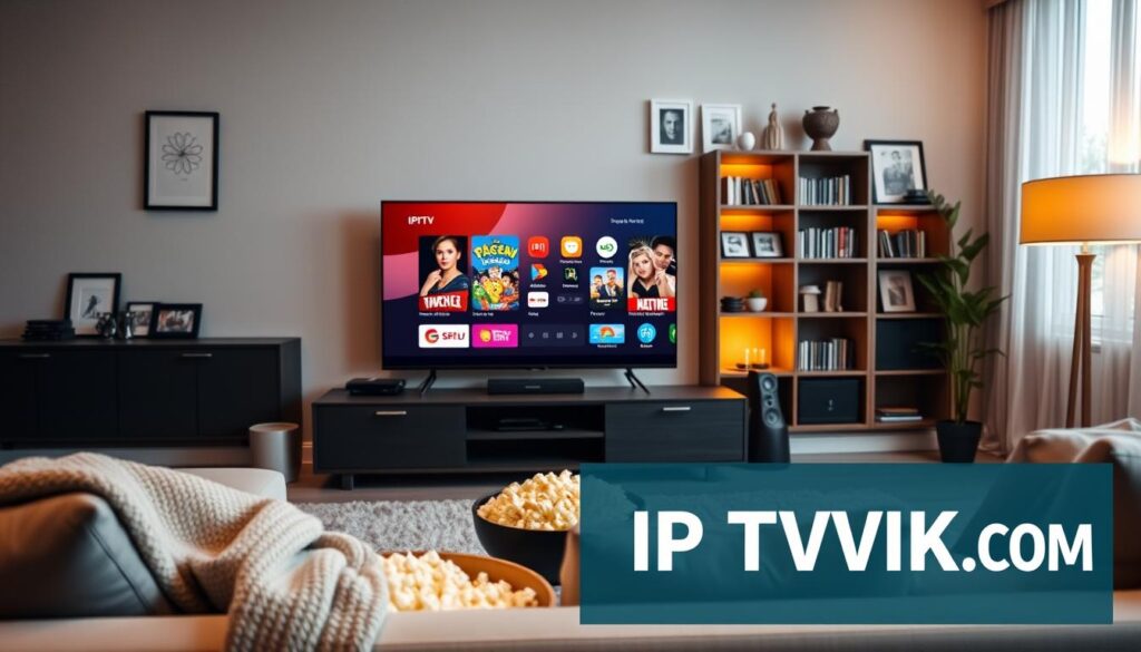 A sleek modern living room setup featuring a stylish TV displaying high-quality IPTV streaming visuals. In the foreground, a comfortable couch with a cozy throw and a bowl of popcorn, suggesting relaxation. The middle ground highlights a vibrant TV screen showcasing colorful streaming icons and an intuitive interface, representing diverse content offerings. Soft, warm lighting fills the room, emanating from elegant floor lamps, creating an inviting atmosphere. The background reveals a contemporary bookshelf filled with framed DVDs and decorative items, emphasizing entertainment. The scene conveys a sense of premium quality and convenience, with subtle branding of "IPTVVUK.COM" integrated into the design elements, such as a light reflection on the TV screen.