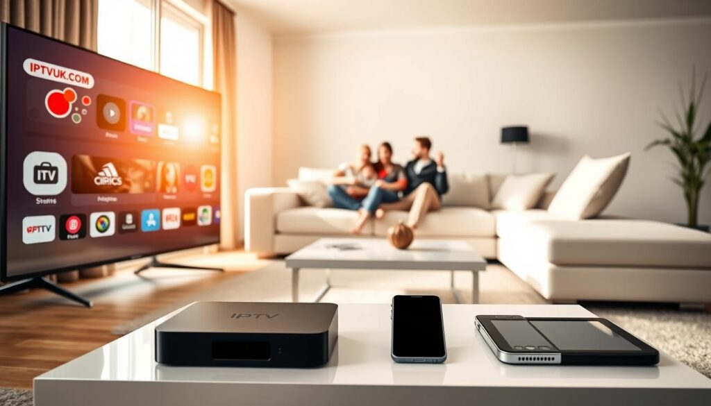 A sleek, modern living room showcasing device compatibility with IPTV services. In the foreground, a high-definition smart TV displays various IPTV icons, including the logo "IPTVVUK.COM". Surrounding the TV, an array of compatible devices: a streaming box, a tablet, and a smartphone, all elegantly arranged on a minimalist coffee table. The middle ground features a stylish sofa with a family engaged in watching their favorite show, dressed in smart casual clothing. The background reveals a bright window casting warm, natural light, enhancing the inviting atmosphere. The scene is captured from a slightly elevated angle, giving a broad view of the room while maintaining focus on the devices, reflecting a modern and tech-savvy lifestyle that embraces IPTV integration seamlessly.