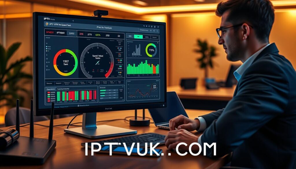 A sleek, modern workspace featuring a high-tech desktop setup focused on IPTV VPN speed testing. In the foreground, a computer monitor displays an intricate speed test interface with vibrant graphs and metrics. To the right, a professional in business casual attire is intently analyzing the data, their features illuminated by the soft glow of the screen. The middle ground includes a stylish laptop, a network router, and a smartphone, all symbolizing connectivity. The background is a sophisticated office environment with warm, ambient lighting, accentuating a productive atmosphere. The scene encapsulates professionalism and technological advancement, highlighting the importance of secure streaming. In the style of digital art, with high detail and sharp focus. Include "IPTVVUK.COM" subtly integrated into the workspace.