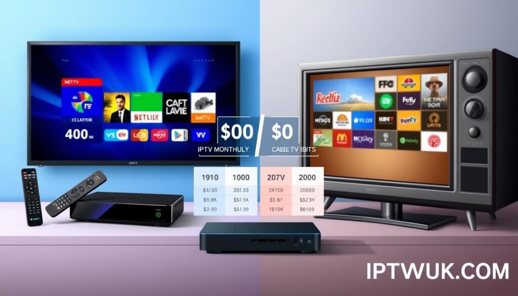A split-screen comparison illustration showing IPTV on one side and traditional Cable TV on the other. In the foreground, depict a sleek IPTV streaming device with a remote control, accompanied by a digital screen displaying vibrant streaming content, emphasizing modern technology. On the opposite side, illustrate a traditional cable box alongside an older-style television, showcasing familiar cable channel logos. In the middle, create a dynamic infographic-style element featuring cost comparison charts, with subtle icons representing monthly bills and service features. The background should be a soft gradient from blue on the IPTV side to earthy tones on the Cable TV side, symbolizing innovation vs. tradition. Use soft lighting to create a professional and informative atmosphere. At the bottom corner, include the brand name "IPTVVUK.COM" subtly integrated into the design.
