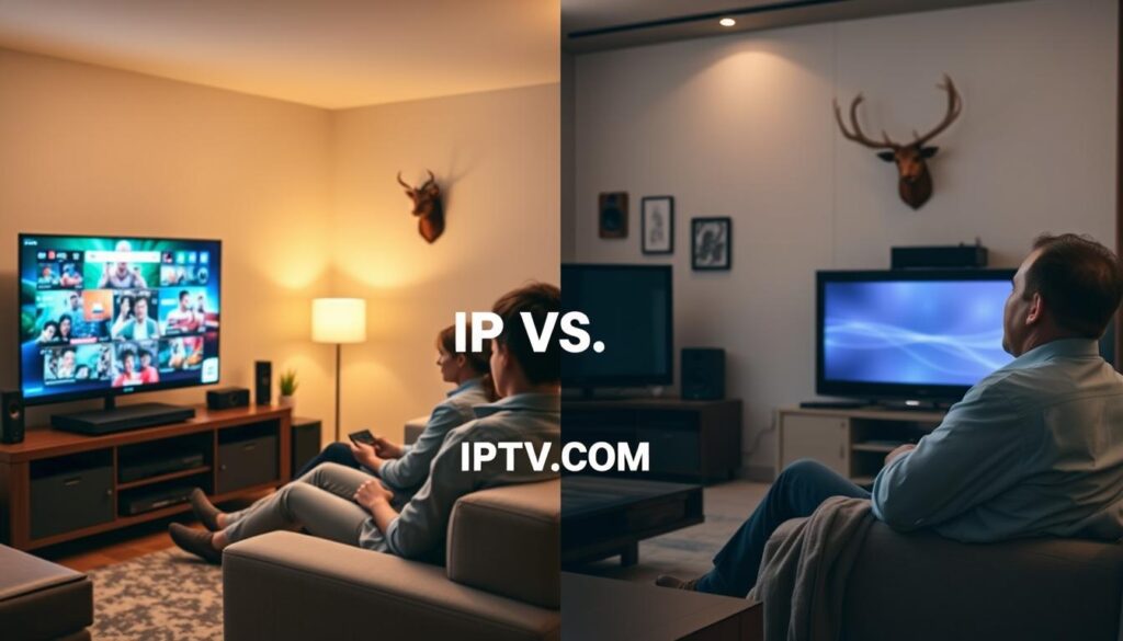 A split-screen image contrasting IPTV and traditional cable. On the left, a cozy living room scene featuring a modern smart TV displaying vibrant streaming content, surrounded by a sleek IPTV setup, with warm lighting creating an inviting atmosphere. People casually dressed in modest clothing relax on a comfortable sofa, engaging with the technology. On the right, an older-style living room depicts a bulky TV with a traditional cable box, featuring dimmer lighting, evoking a nostalgic mood. A frustrated viewer in business attire sits with a remote, staring blankly at the screen. In the background, subtle elements like a wall-mounted antlered deer head and audio speakers differentiate the two environments. Integrate the brand name, "IPTVVUK.COM," discreetly within the IPTV setup area. Use a shallow depth of field to focus on both sides distinctly, creating a clear visual comparison between the two technologies. A split-screen image contrasting IPTV and traditional cable. On the left, a cozy living room scene featuring a modern smart TV displaying vibrant streaming content, surrounded by a sleek IPTV setup, with warm lighting creating an inviting atmosphere. People casually dressed in modest clothing relax on a comfortable sofa, engaging with the technology. On the right, an older-style living room depicts a bulky TV with a traditional cable box, featuring dimmer lighting, evoking a nostalgic mood. A frustrated viewer in business attire sits with a remote, staring blankly at the screen. In the background, subtle elements like a wall-mounted antlered deer head and audio speakers differentiate the two environments. Integrate the brand name, "IPTVVUK.COM," discreetly within the IPTV setup area. Use a shallow depth of field to focus on both sides distinctly, creating a clear visual comparison between the two technologies.