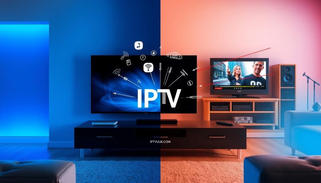 A split-screen image illustrating the contrast between IPTV and Traditional Television. In the foreground, on the left, a sleek modern living room featuring a flat-screen TV displaying IPTV content, with a user navigating the interface on a remote. On the right, a classic living room setup with an old-style television showing a cable channel, surrounded by DVDs and remotes. In the middle ground, a transition zone showing digital technology elements like streaming symbols and digital signals merging into traditional antennae and cables. The background includes a blue gradient for the IPTV side to evoke modernity and technological advancement, and a warm, nostalgic hue for the traditional side. Soft, even lighting emphasizes clarity, and the focal length highlights the differences. The atmosphere is engaging, showcasing innovation versus tradition. Include the brand name "IPTVVUK.COM" discreetly on the IPTV side, subtly integrated into the design.