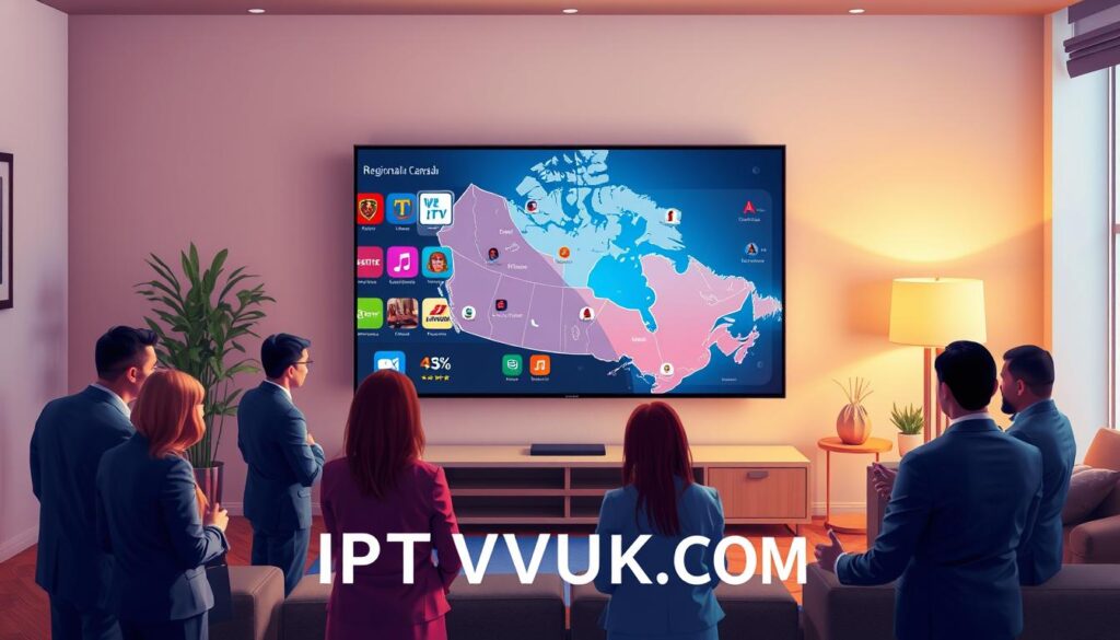 A vibrant and engaging illustration depicting regional IPTV services in Canada, showcasing different provinces. In the foreground, a diverse group of people dressed in professional business attire is gathered around a modern, sleek television screen displaying a colorful interface of various IPTV options. In the middle-ground, a digital map of Canada highlights various provinces with icons representing local content offerings and services. The background features a cozy living room setting with stylish furniture and warm lighting, creating an inviting atmosphere. Soft, ambient light enhances the feeling of innovation and connectivity. The brand name "IPTVVUK.COM" is subtly integrated into the design, emphasizing a cutting-edge approach to media consumption without any text or distracting elements.