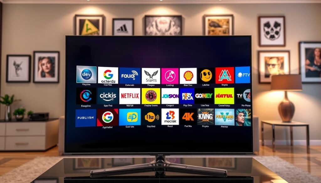 A vibrant and engaging image showcasing a diverse collection of IPTV channels from "IPTVVUK.COM". In the foreground, a sleek modern television screen displays an array of colorful icons representing various channels, each visually distinct with logos and imagery that evoke entertainment, sports, news, and lifestyle themes. The middle ground features a stylish living room setting, complete with a comfortable sofa and ambient lighting, enhancing the cozy viewing atmosphere. The background subtly blends into a wall adorned with framed artwork related to media and entertainment. Soft, warm lighting casts a welcoming glow across the scene, creating an inviting mood. The angle is slightly elevated, providing a comprehensive view of the channel collection displayed on the screen.