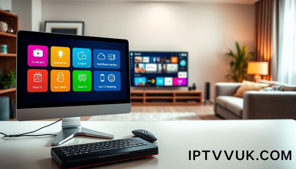 A vibrant digital workspace illustrating essential features of IPTV subscriptions. In the foreground, a sleek, modern computer displaying colorful icons representing key features: on-demand content, multi-device support, user-friendly interface, and live TV streaming. The middle layer shows a Smart TV with various streaming apps open, emphasizing compatibility and variety. The background features a cozy living room setting with a comfortable sofa and a warm ambiance, suggesting relaxation while watching TV. Soft, natural lighting illuminates the scene, creating an inviting atmosphere. Include a subtle, branded element or logo for "IPTVVUK.COM" in the corner to reinforce the theme without overpowering the image.