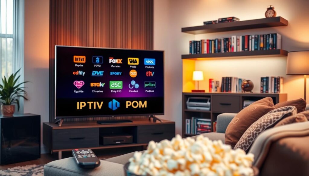 A vibrant representation of IPTV services depicted in a modern living room setting. In the foreground, showcase a sleek flat-screen television displaying various streaming icons symbolizing different IPTV services, including "IPTVVUK.COM." The middle ground features a comfortable sofa with a remote control and popcorn, creating a relaxed atmosphere. In the background, soft ambient lighting accentuates the cozy atmosphere, with shelves decorated with DVDs and books about technology and entertainment. The scene should evoke a sense of convenience and innovation in home entertainment, using warm, inviting colors. Capture the image from a slight angle to enhance depth, mimicking a lifestyle photograph aimed at showcasing modern technology at home. Ensure a professional and engaging mood throughout.