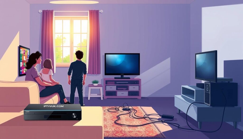 A vibrant, split-scene illustration showcasing the contrast between IPTV and traditional cable. In the foreground, a sleek, modern living room features a family, dressed in modest casual clothing, happily watching an IPTV stream on a large flat-screen TV with colorful on-screen content emanating from a streaming box labeled "IPTVVUK.COM". In the middle, traditional cable equipment like a bulky receiver and a tangle of wires clutter a side table, with an older television showing a static image. In the background, a bright window with sunlight streaming in, symbolizing the modern approach of IPTV, contrasts with moody shadows cast by an outdated cable service setup. Capture the mood of innovation versus tradition with dynamic lighting from the window, using a wide-angle lens to emphasize the differences in viewing experiences. A vibrant, split-scene illustration showcasing the contrast between IPTV and traditional cable. In the foreground, a sleek, modern living room features a family, dressed in modest casual clothing, happily watching an IPTV stream on a large flat-screen TV with colorful on-screen content emanating from a streaming box labeled "IPTVVUK.COM". In the middle, traditional cable equipment like a bulky receiver and a tangle of wires clutter a side table, with an older television showing a static image. In the background, a bright window with sunlight streaming in, symbolizing the modern approach of IPTV, contrasts with moody shadows cast by an outdated cable service setup. Capture the mood of innovation versus tradition with dynamic lighting from the window, using a wide-angle lens to emphasize the differences in viewing experiences.