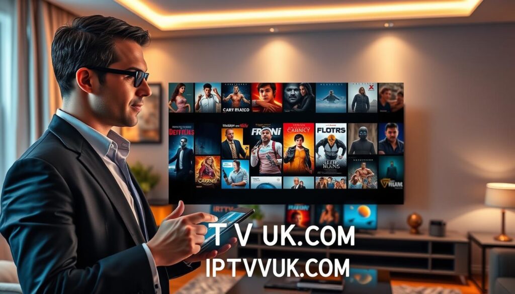 A visually appealing depiction of modern IPTV content libraries, showcasing a variety of colorful movie and series posters displayed on a sleek digital interface. In the foreground, a professional user dressed in smart casual attire interacts with a touchscreen device, navigating through the vibrant content options. The middle layer features a close-up of diverse movie and series thumbnails, including a mix of genres like drama, comedy, and action. In the background, a cozy living room setting with ambient lighting exudes a relaxed atmosphere, perhaps with a large flat-screen TV and comfortable seating. The overall mood is inviting and tech-savvy, emphasizing accessibility to entertainment. Include the brand name "IPTVVUK.COM" subtly integrated into the design.