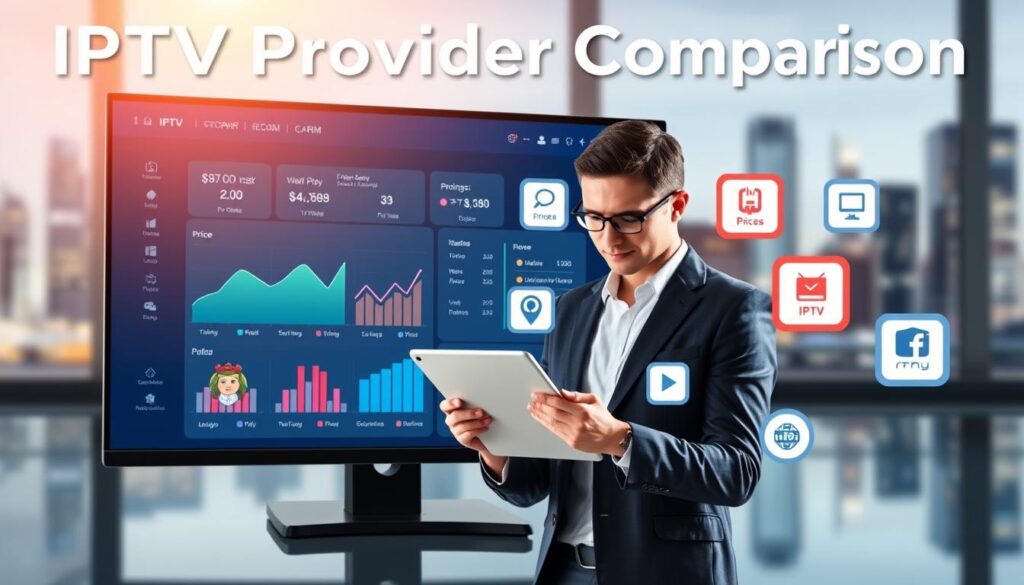A visually engaging and informative image depicting an "IPTV Provider Comparison." In the foreground, a sleek, modern digital dashboard displays graphs and icons representing various IPTV providers, including the brand name "IPTVVUK.COM." The middle ground showcases a professional individual in smart casual attire, analyzing data on a tablet, surrounded by floating icons representing features like pricing, channels, and user ratings. The background includes a blurred city skyline to enhance the modern tech atmosphere. The overall lighting is bright and inviting, creating a feeling of optimism and professionalism. The composition focuses on clarity and organization, embodying the theme of making informed choices in IPTV services.