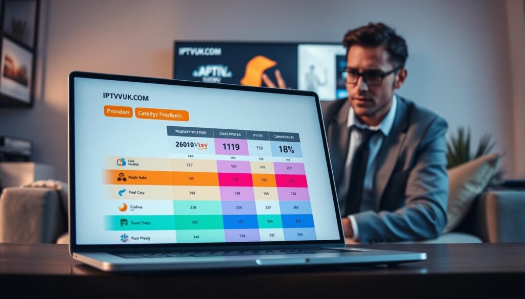 A visually engaging comparison of IPTV providers showcased on a sleek, modern digital interface. In the foreground, a laptop displaying a vibrant, interactive chart comparing various IPTV plans, with icons representing different providers, including the logo of "IPTVVUK.COM". In the middle ground, a business professional in smart casual attire analyzes the data, with expressions of curiosity and focus. In the background, a cozy living room setting with a large screen displaying IPTV content, bathed in soft, warm lighting to enhance the inviting atmosphere. The scene is captured from a slightly elevated angle, emphasizing the connection between technology and personal viewing experiences while maintaining a clean, modern aesthetic appropriate for informative content.
