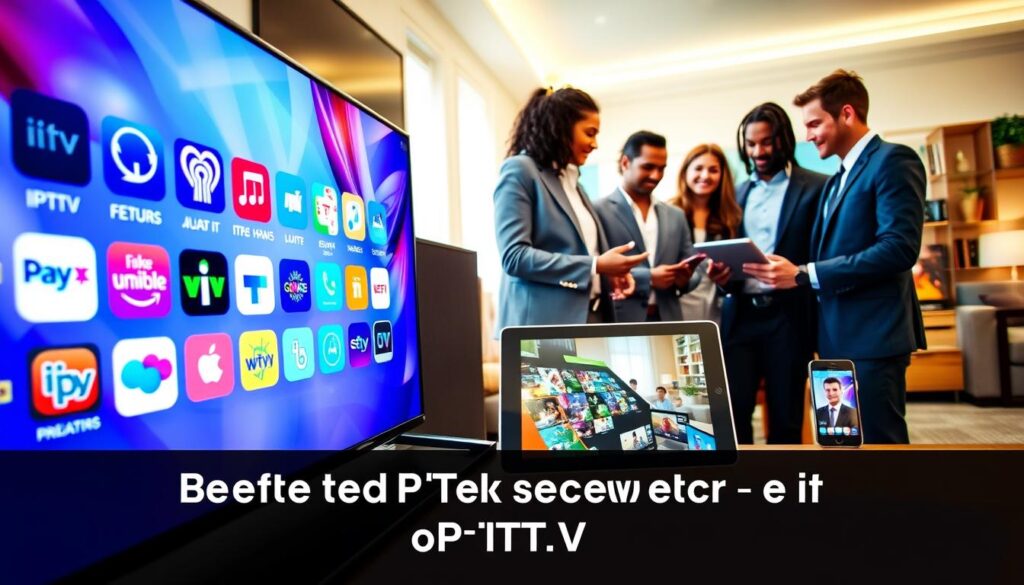 A visually engaging comparison of IPTV service features, focusing on various devices such as TVs, tablets, and smartphones displaying vibrant streaming content. In the foreground, include a sleek modern TV showcasing multiple app icons symbolizing different IPTV services, emphasizing "IPTVVUK.COM" prominently. The middle ground features a diverse group of professionals, dressed in smart casual attire, analyzing a tablet and discussing advantages of IPTV, with background elements like a cozy living room or tech-friendly workspace. The lighting is bright yet soft, creating an inviting atmosphere. Use a slight fisheye lens effect to emphasize the devices while maintaining a clear view of the professionals in conversation. The overall mood is informative and engaging, reflecting the benefits of the best IPTV services. A visually engaging comparison of IPTV service features, focusing on various devices such as TVs, tablets, and smartphones displaying vibrant streaming content. In the foreground, include a sleek modern TV showcasing multiple app icons symbolizing different IPTV services, emphasizing "IPTVVUK.COM" prominently. The middle ground features a diverse group of professionals, dressed in smart casual attire, analyzing a tablet and discussing advantages of IPTV, with background elements like a cozy living room or tech-friendly workspace. The lighting is bright yet soft, creating an inviting atmosphere. Use a slight fisheye lens effect to emphasize the devices while maintaining a clear view of the professionals in conversation. The overall mood is informative and engaging, reflecting the benefits of the best IPTV services.