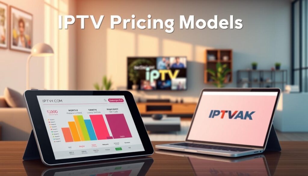 A visually engaging illustration depicting "IPTV Pricing Models" tailored for an article on IPTV services. In the foreground, a sleek digital tablet displays various colorful graphs and pricing tiers, showcasing different subscription models like monthly and yearly plans. In the middle, a modern living room setting with a comfortable sofa and a television screen showcasing IPTV content. The background features a minimalist office with a stylish desk and a laptop open to IPTVVUK.COM, enhancing the tech-savvy atmosphere. Utilize soft, natural lighting to create a warm, welcoming feel, with a slight lens blur on the background to emphasize the foreground elements. The overall mood should convey innovation and clarity in understanding IPTV pricing.