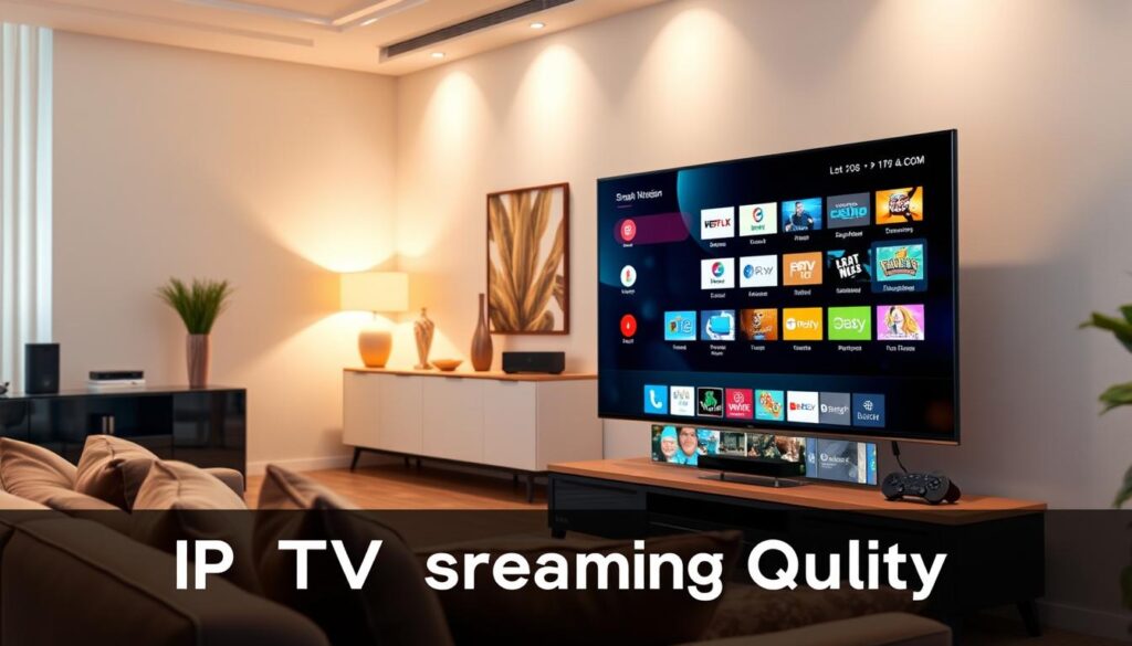 A visually engaging representation of IPTV streaming quality, featuring a sleek, modern living room setup. In the foreground, a high-definition television displays a crisp streaming interface with vibrant colors and sharp imagery, illustrating a diverse selection of channels and content. In the middle ground, a comfortable sofa is adorned with plush cushions, inviting viewers to relax. The background showcases a stylish media console with smart devices and a decorative area, illuminated by soft, warm lighting that creates a cozy atmosphere. Use a wide-angle lens to capture the essence of home entertainment. The mood should be inviting and contemporary, highlighting the seamless experience provided by IPTV services like IPTVVUK.COM.