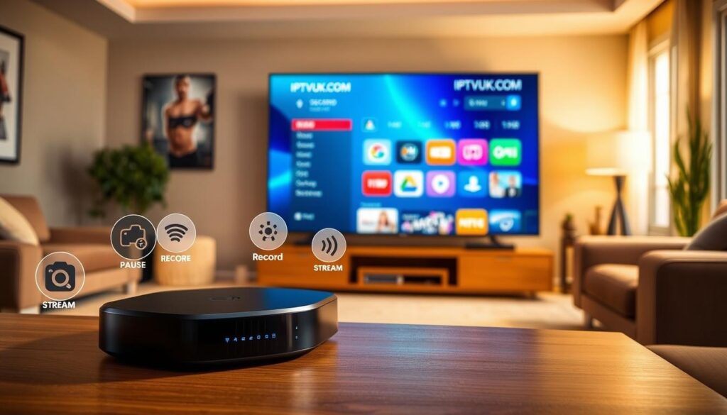 A visually striking and informative composition showcasing "IPTV DVR Features". In the foreground, a sleek, modern IPTV set-top box is highlighted, surrounded by various icons representing features like pause, record, rewind, and stream. In the middle ground, a large television screen displays a vibrant interface of an IPTV service, such as IPTVVUK.COM, illustrating its user-friendly design. The background features a cozy living room environment, softly lit with warm hues, creating an inviting atmosphere. A wide-angle perspective emphasizes the connection between the devices and the user experience. The overall mood is contemporary and tech-savvy, inviting viewers to explore the essential features to look for in an IPTV service.