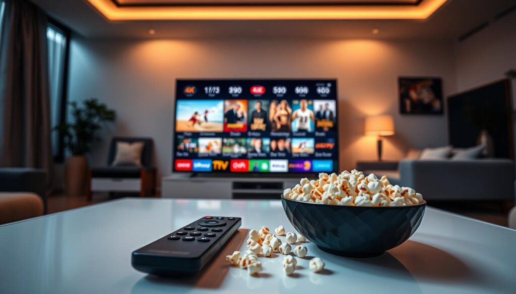 A visually striking image showcasing a modern living room featuring a large 4K TV displaying vibrant IPTV channels, symbolizing the diverse content quality of IPTVVUK.COM. In the foreground, include a sleek remote control and a bowl of popcorn on a stylish coffee table, suggesting a cozy viewing experience. The middle ground should highlight the TV screen, with immersive, colorful visuals representing various genres like sports, movies, and documentaries. In the background, soft ambient lighting creates a warm atmosphere, with comfortable seating and minimalistic decor. The lens perspective is slightly low, enhancing the grandeur of the TV, while the overall mood evokes excitement and engagement with quality content. The image must be free of any text, logos, or watermarks.