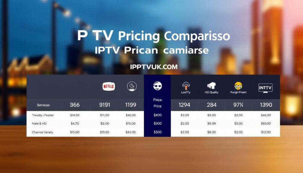 A visually striking infographic illustrating IPTV pricing comparison, showcasing various subscription plans. In the foreground, a sleek table displaying different IPTV service providers, such as "IPTVVUK.COM," with prices clearly detailed. The middle layer should include representative icons for each service, such as HD quality and channel variety, in a harmonious color scheme. The background features a blurred city skyline, suggesting the modernity of streaming services. Use warm, inviting lighting to create an engaging atmosphere. The composition should suggest clarity and professionalism, ensuring a well-organized presentation that captures the essence of value and choice in IPTV subscriptions without any text or distractions.