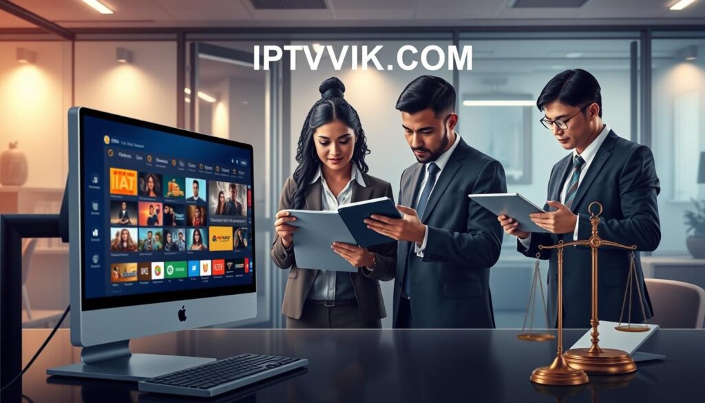 A visually striking, professional illustration depicting the concepts of VPN and IPTV legality. In the foreground, a sleek, modern computer displaying a 4K IPTV interface, showcasing vibrant channels and content options. The middle ground features a diverse group of three people in professional business attire, analyzing data on a tablet and a laptop, with expressions of focus and consideration. Each person represents a different demographic—one Caucasian, one Black, and one Asian—highlighting inclusivity in discussions around legality. The background shows a stylish, tech-inspired office setting with subtle legal elements like scales of justice and legal documents subtly integrated into the décor. Soft, ambient lighting creates a knowledgeable and serious atmosphere. The brand name "IPTVVUK.COM" is creatively blended into the scene, reflecting a reputable source. The image conveys a sense of clarity and professionalism regarding the legal implications of 4K IPTV services.