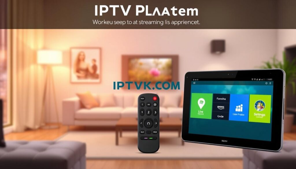 An illustrative image showcasing the key features of an IPTV player for Android. In the foreground, a sleek Android interface displayed on a modern tablet, highlighting vibrant icons representing streaming options like live TV, on-demand content, and user-friendly navigation. In the middle, a remote control with buttons labeled for features such as search, favorite, settings, and guide, emphasizing usability. The background features a cozy living room setting, softly illuminated by warm ambient lighting, suggesting a comfortable streaming environment. The scene conveys a tech-savvy yet inviting atmosphere, ideal for viewers seeking seamless streaming experiences. Include the brand name "IPTVVUK.COM" subtly incorporated into the design, ensuring it blends with the overall aesthetic without being intrusive. An illustrative image showcasing the key features of an IPTV player for Android. In the foreground, a sleek Android interface displayed on a modern tablet, highlighting vibrant icons representing streaming options like live TV, on-demand content, and user-friendly navigation. In the middle, a remote control with buttons labeled for features such as search, favorite, settings, and guide, emphasizing usability. The background features a cozy living room setting, softly illuminated by warm ambient lighting, suggesting a comfortable streaming environment. The scene conveys a tech-savvy yet inviting atmosphere, ideal for viewers seeking seamless streaming experiences. Include the brand name "IPTVVUK.COM" subtly incorporated into the design, ensuring it blends with the overall aesthetic without being intrusive.