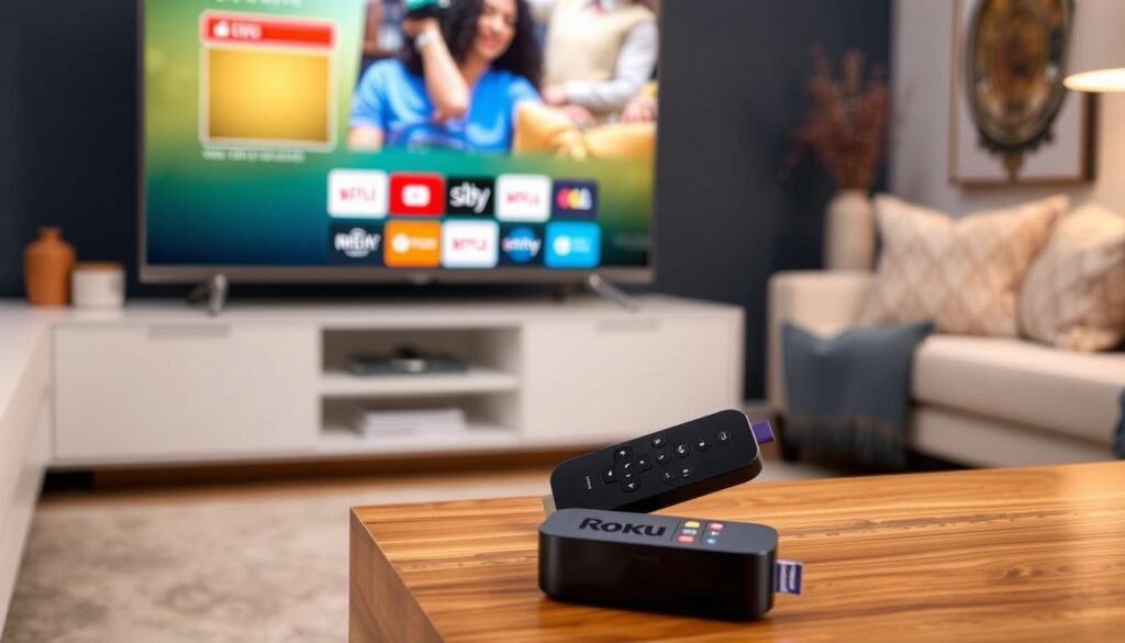 An image of a Roku streaming device connected to a TV