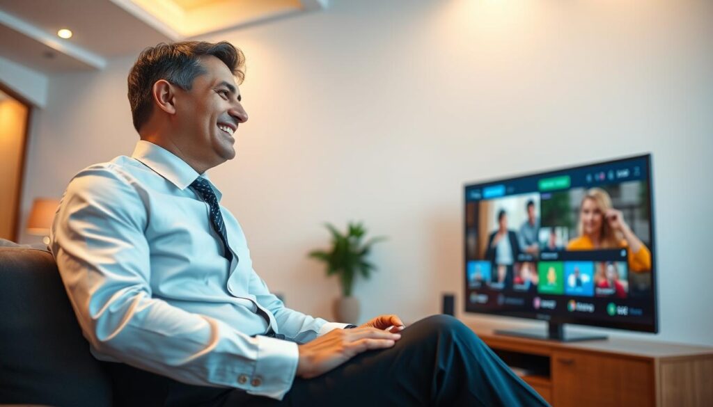 An image of a person enjoying their favorite show on a smart TV using Guek HD IPTV An image of a person enjoying their favorite show on a smart TV using Guek HD IPTV