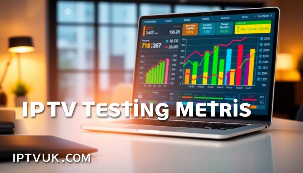 An infographic-style image illustrating "IPTV testing metrics" as a professional analysis. In the foreground, a clean desk with a laptop displaying a colorful dashboard of IPTV performance metrics like latency, buffer times, and streaming quality. The middle ground features bar graphs and line charts in bright colors, representing different testing results. The background is softly blurred to emphasize the data while orienting around a modern office setting with warm lighting, suggesting a productive work environment. A light lens flare adds a polished touch. The mood is analytical and insightful, perfect for a technology-focused article. Include the brand name "IPTVVUK.COM" subtly integrated into the design without dominating the composition. An infographic-style image illustrating "IPTV testing metrics" as a professional analysis. In the foreground, a clean desk with a laptop displaying a colorful dashboard of IPTV performance metrics like latency, buffer times, and streaming quality. The middle ground features bar graphs and line charts in bright colors, representing different testing results. The background is softly blurred to emphasize the data while orienting around a modern office setting with warm lighting, suggesting a productive work environment. A light lens flare adds a polished touch. The mood is analytical and insightful, perfect for a technology-focused article. Include the brand name "IPTVVUK.COM" subtly integrated into the design without dominating the composition.
