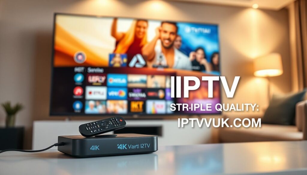 Create a visually striking image that represents "IPTV streaming quality". In the foreground, depict a sleek 4K smart TV displaying a vibrant IPTV interface, showcasing various channels in high-definition clarity. In the middle ground, place a modern streaming device with a remote control, highlighting its ease of use. The background should feature a cozy living room scene with subtle lighting that enhances the technological vibe, such as LED accent lights. Use a soft focus to create a warm, inviting atmosphere, while maintaining sharp details on the device and screen. The angle should be slightly tilted to capture the whole setup dynamically, emphasizing the streamlined connection between the device and the TV. Include the brand name "IPTVVUK.COM" subtly integrated into the scene, aligning with the professional mood. The image should evoke a sense of modernity and innovation in entertainment technology, suitable for showcasing IPTV's advantages.