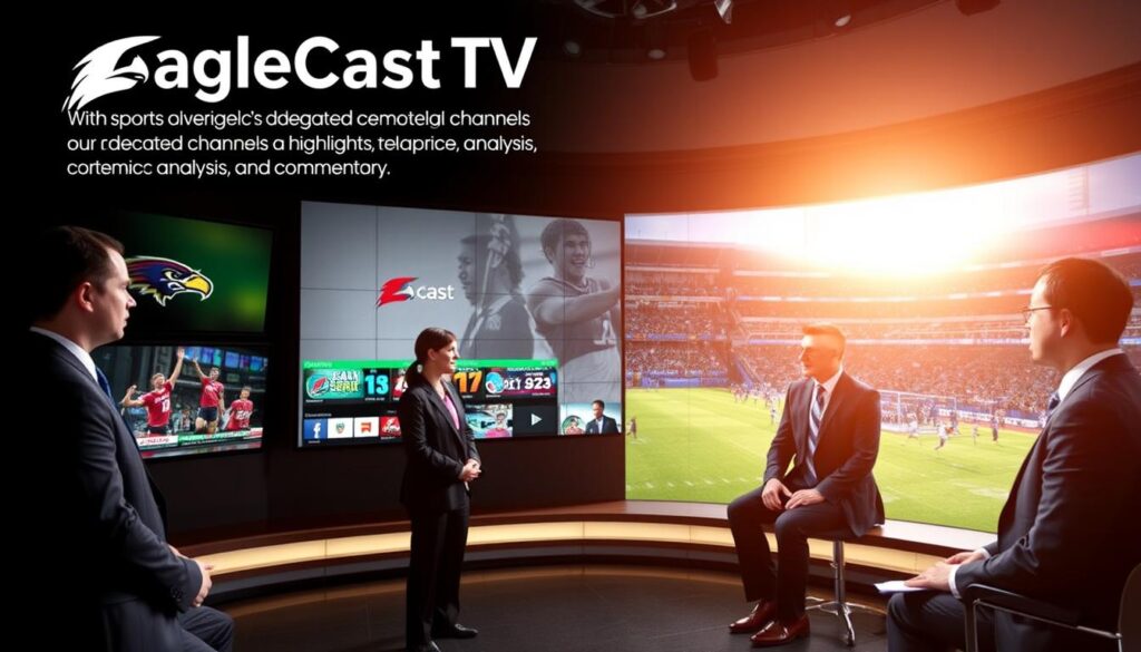 Generate an image of EagleCast TV's sports coverage, highlighting its dedicated channels for major sports events.