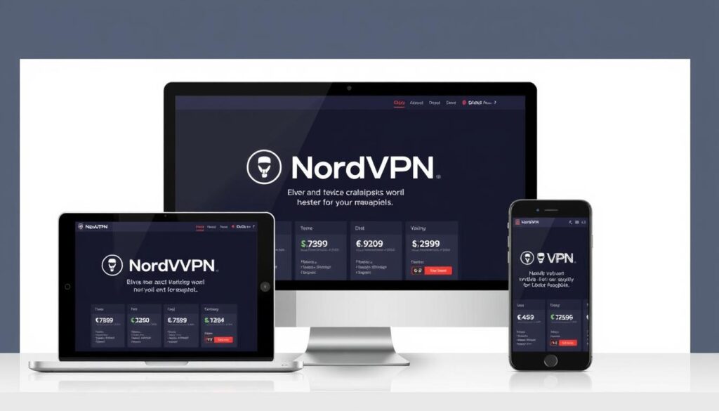 Generate an image of NordVPN's interface on various devices, showcasing its user-friendly design and multiple device support.
