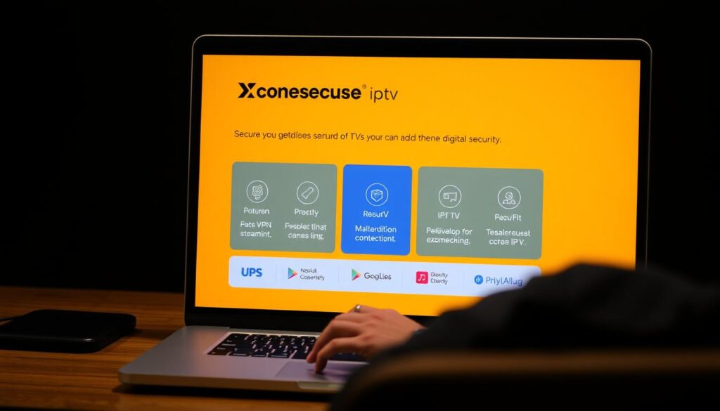 Generate an image of ProtonVPN's interface on a laptop screen, showcasing its secure streaming features for IPTV.