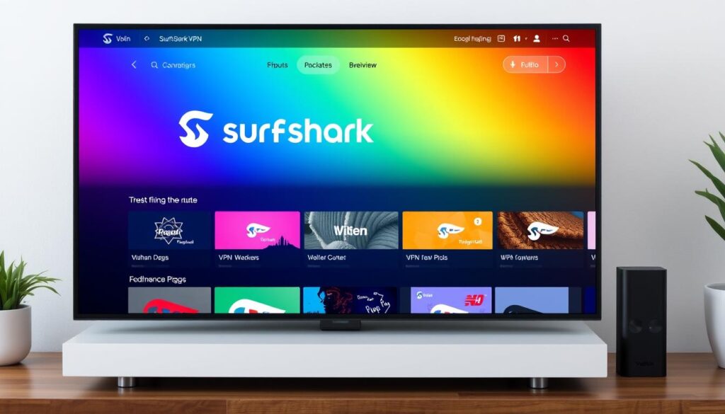 Generate an image of Surfshark VPN interface on a streaming device