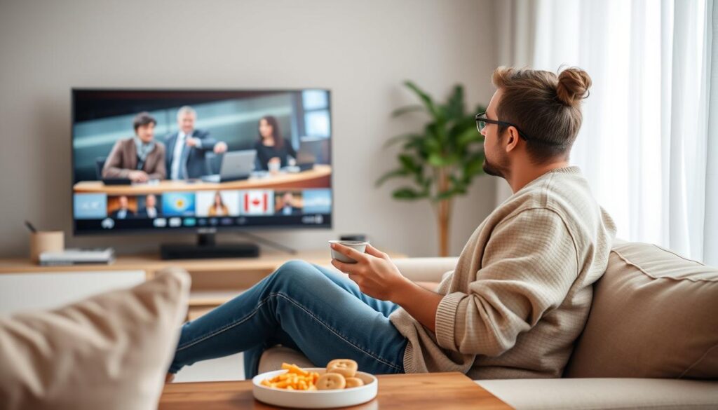 Generate an image of a Canadian viewer happily watching their favorite TV show on a budget IPTV service. Generate an image of a Canadian viewer happily watching their favorite TV show on a budget IPTV service.
