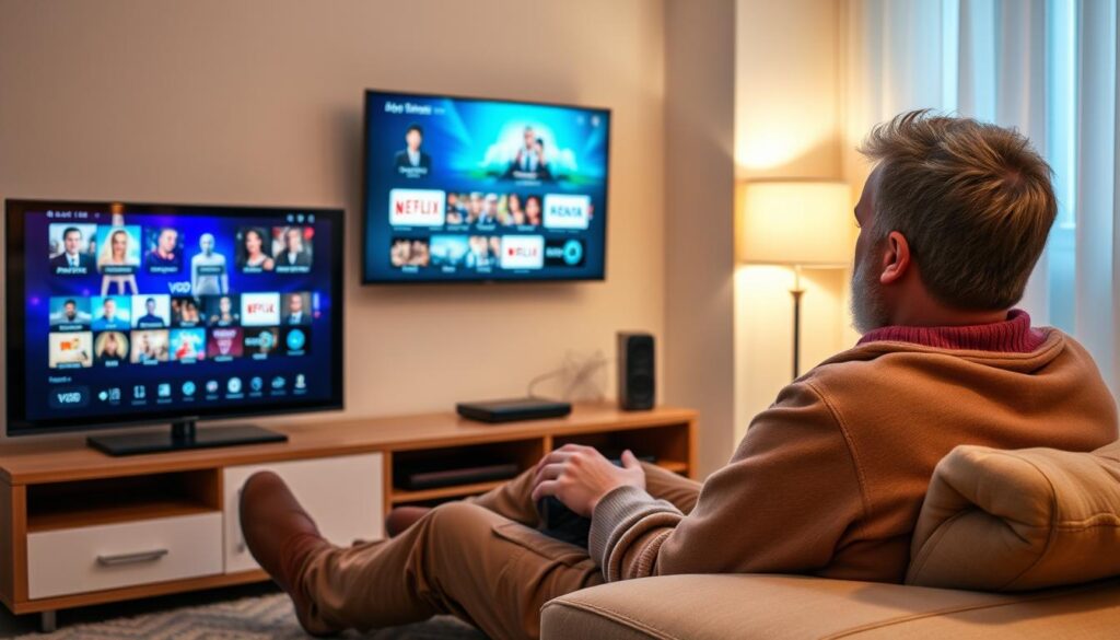 Generate an image of a Quebecois person watching IPTV on their TV with a variety of channels and VOD content on the screen.