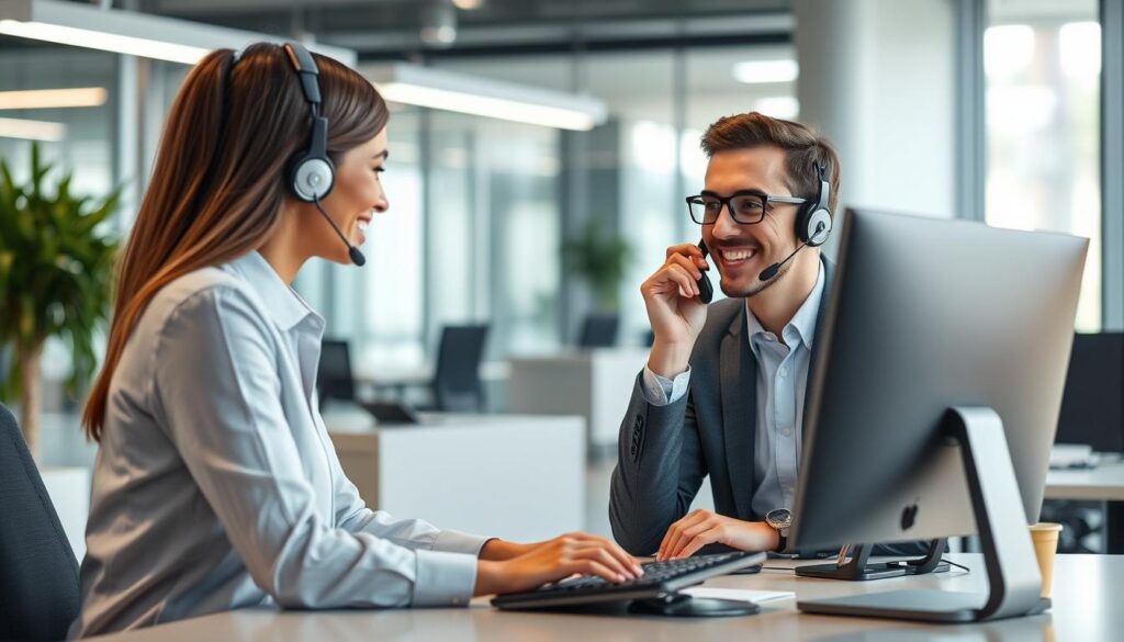 Generate an image of a customer support representative assisting a user.