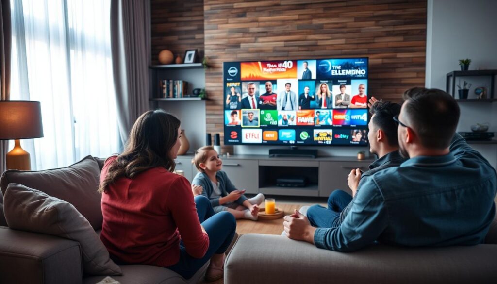 Generate an image of a family enjoying various TV channels and movies on their IPTV service.