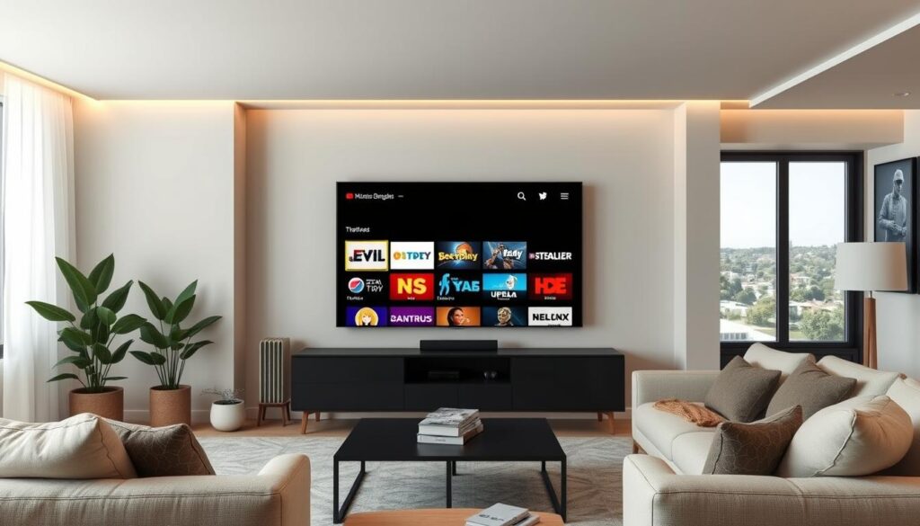 Generate an image of a modern living room with a large 4K TV displaying various channels through TrendyScreen IPTV Generate an image of a modern living room with a large 4K TV displaying various channels through TrendyScreen IPTV