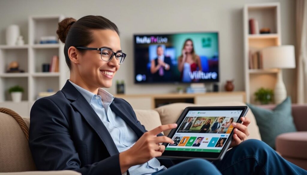 Generate an image of a person browsing Hulu + Live TV on their tablet.