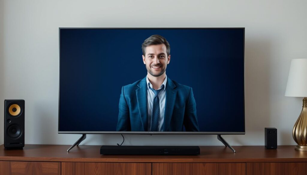 Generate an image of a person choosing an IPTV service on their TV