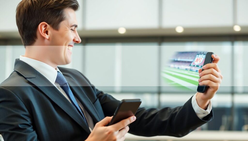 Generate an image of a person enjoying a live sports event on their device with a stable connection.