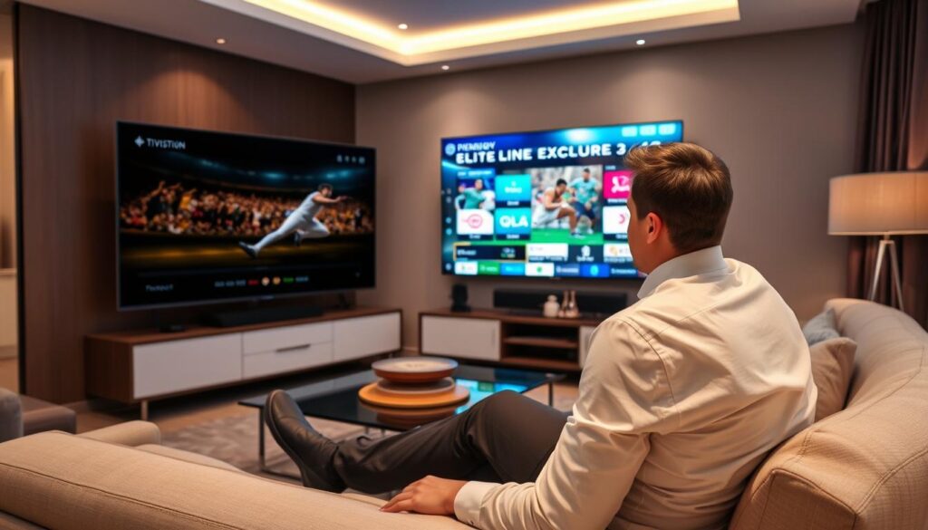Generate an image of a person enjoying a premium entertainment experience with TiVistation, featuring elite sports and exclusive TV channels. Generate an image of a person enjoying a premium entertainment experience with TiVistation, featuring elite sports and exclusive TV channels.