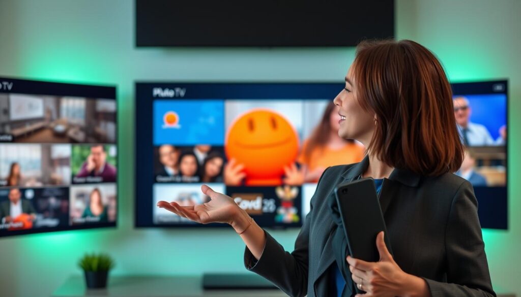 Generate an image of a person enjoying free IPTV content on Pluto TV with a user-friendly interface. Generate an image of a person enjoying free IPTV content on Pluto TV with a user-friendly interface.